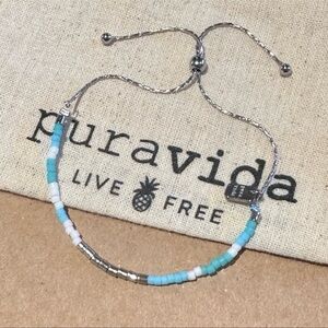 PURA VIDA Silver Slide Chain Turquoise, White Seed Bead Bracelet NEW! Stunning!